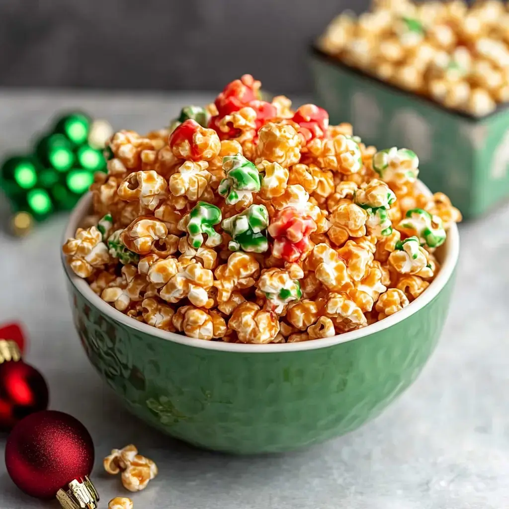 A close-up of a green bowl filled with festive caramel popcorn, featuring red and green colored pieces, with Christmas ornaments nearby.