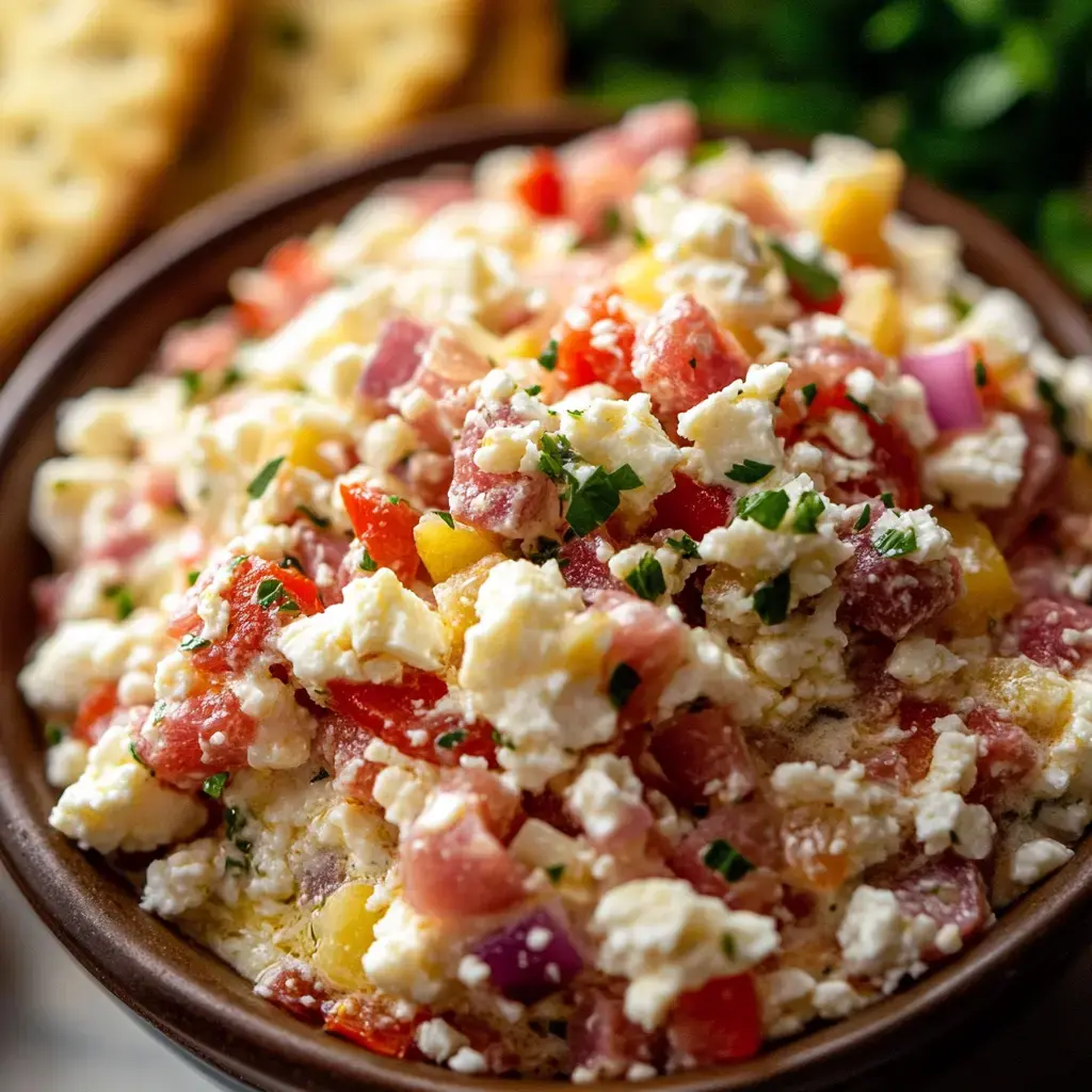 A bowl of colorful cottage cheese salad mixed with diced vegetables and garnished with parsley, accompanied by crackers in the background.