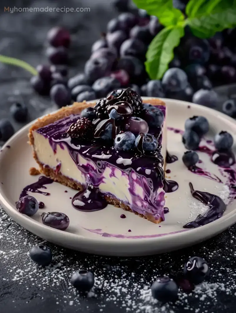 A slice of creamy cheesecake topped with fresh blueberries and a berry sauce on a beige plate, surrounded by additional blueberries and a sprinkle of powdered sugar.