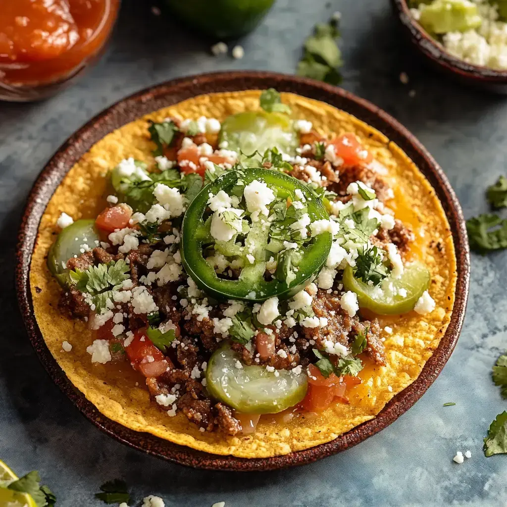 A vibrant taco on a plate, topped with ground beef, fresh tomatoes, jalapeños, cilantro, and crumbled cheese, with additional ingredients in the background.