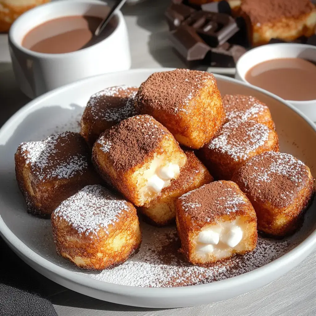 A plate of square pastries dusted with cocoa powder and powdered sugar, some revealing a creamy filling, with mugs of chocolate in the background.