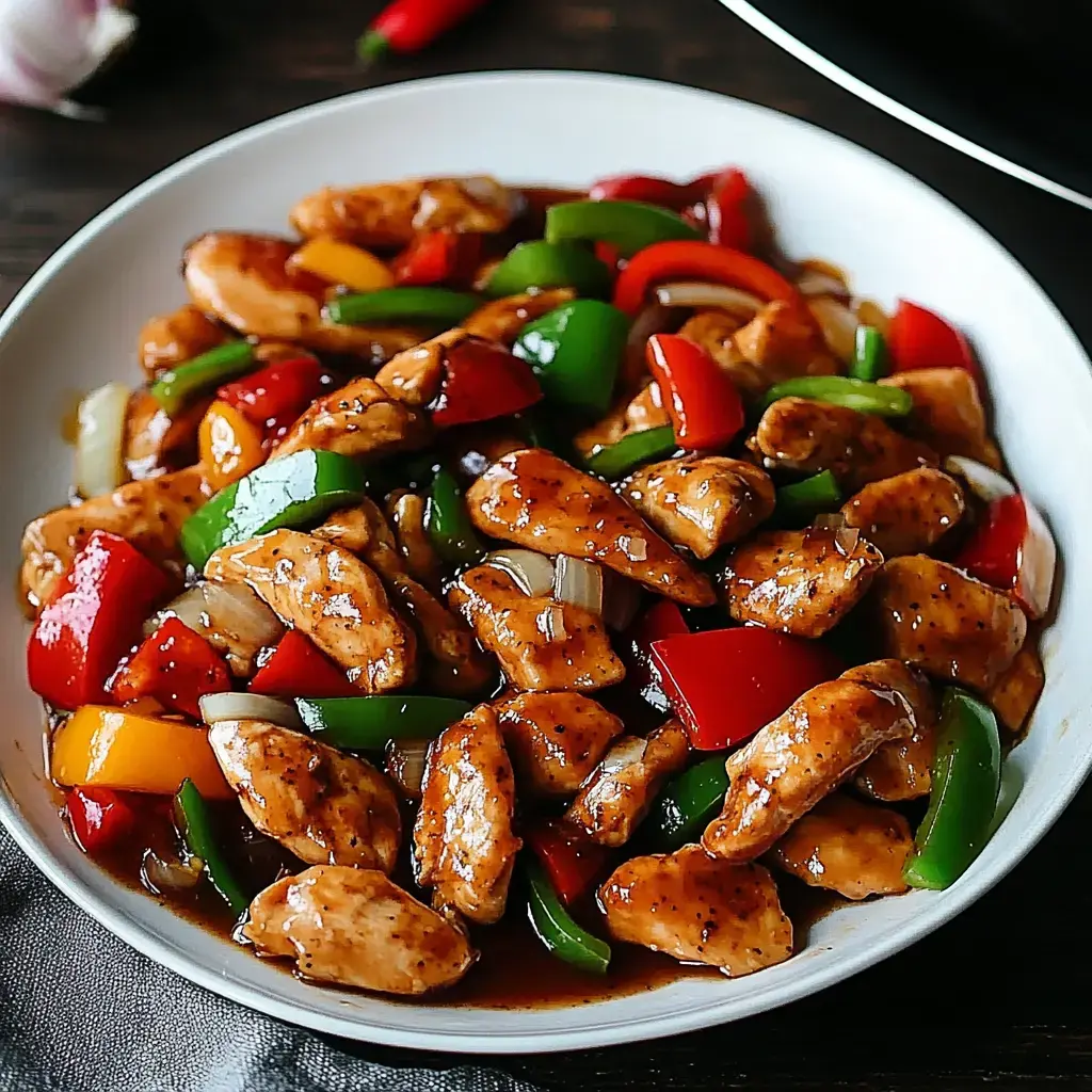 A close-up of a white bowl filled with stir-fried chicken pieces and colorful bell peppers in a savory sauce.