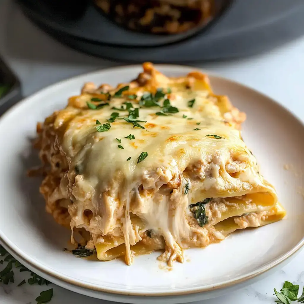 A serving of creamy chicken lasagna topped with melted cheese and garnished with parsley on a white plate.