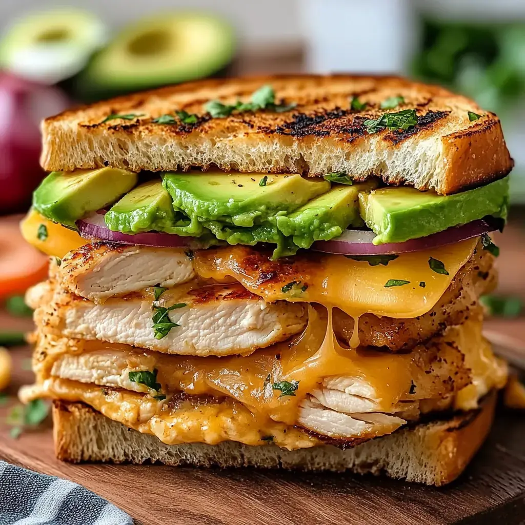 A close-up of a grilled chicken sandwich layered with melted cheese, avocado slices, and red onion, served between two pieces of toasted bread.