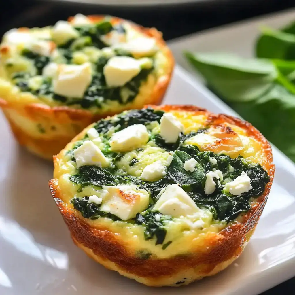 Two spinach and feta mini frittatas are displayed on a white plate, garnished with crumbled feta and surrounded by fresh spinach leaves.