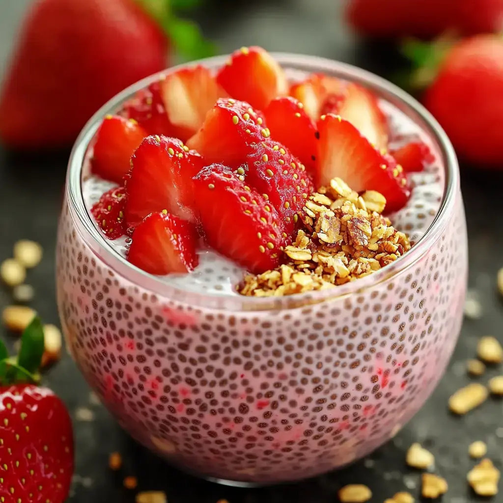 A glass cup filled with chia seed pudding topped with sliced strawberries and granola, surrounded by fresh strawberries and scattered oats.