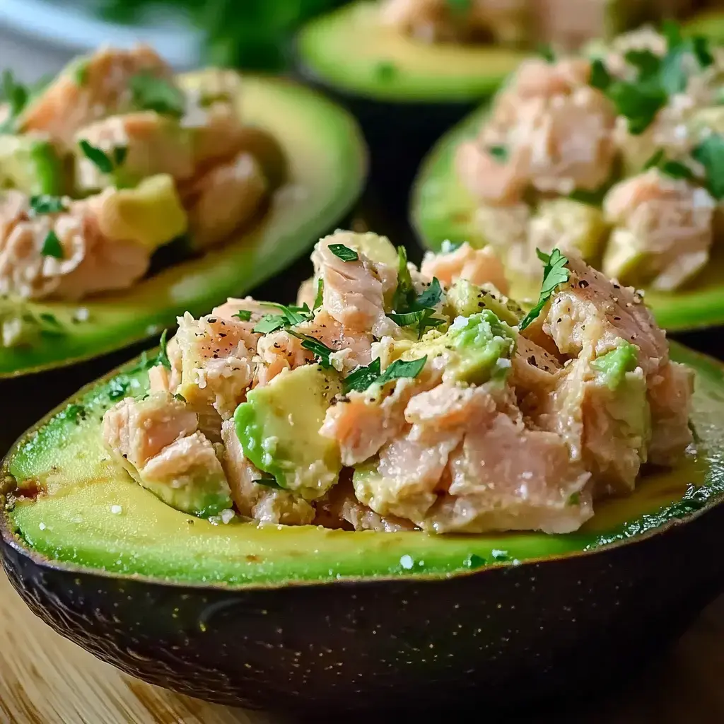 A close-up of halved avocados filled with a mixture of salmon, avocado chunks, and garnished with herbs.