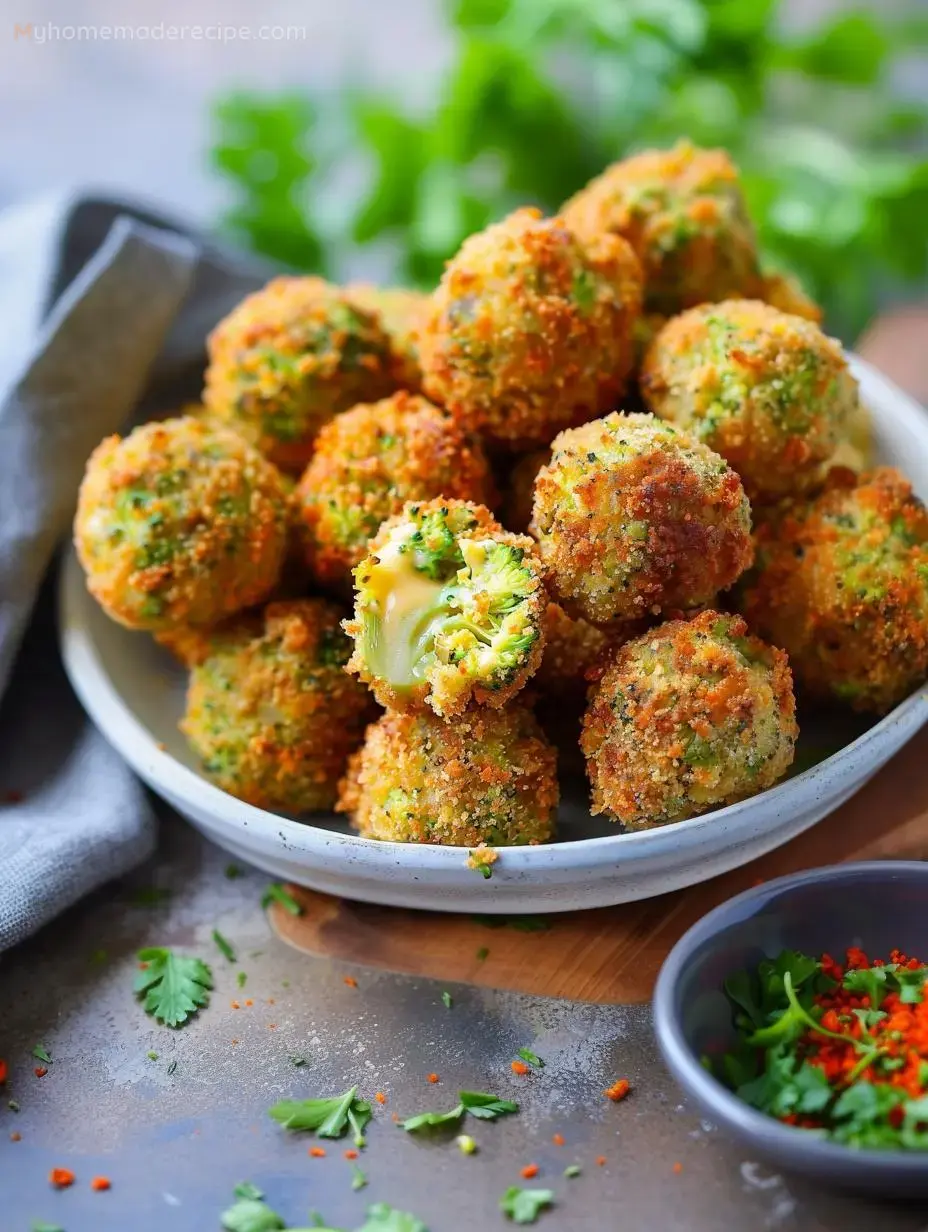 Crispy Broccoli Cheese Balls served on a plate with a dipping sauce