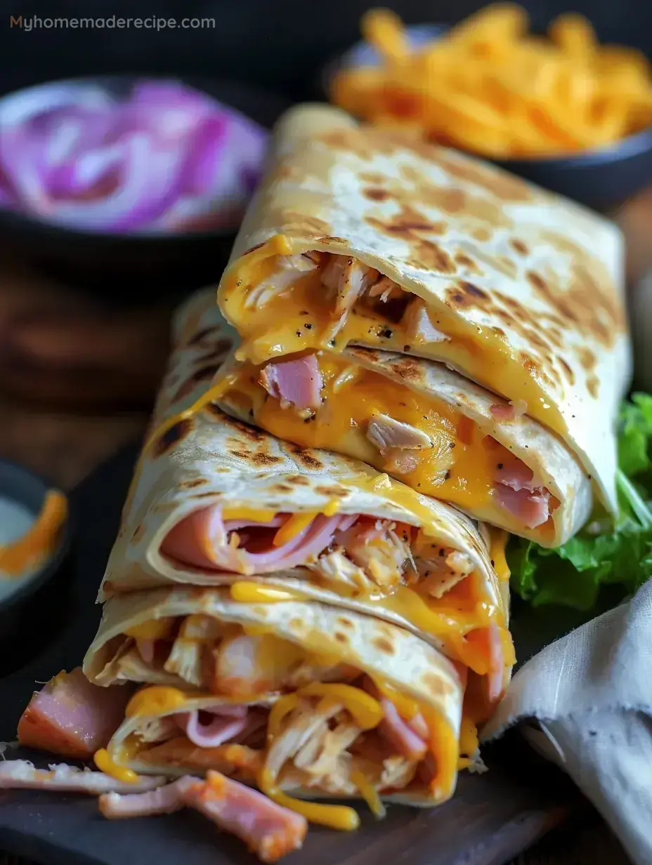 Golden brown air fryer hot chicken ham and cheese wraps served with dipping sauce