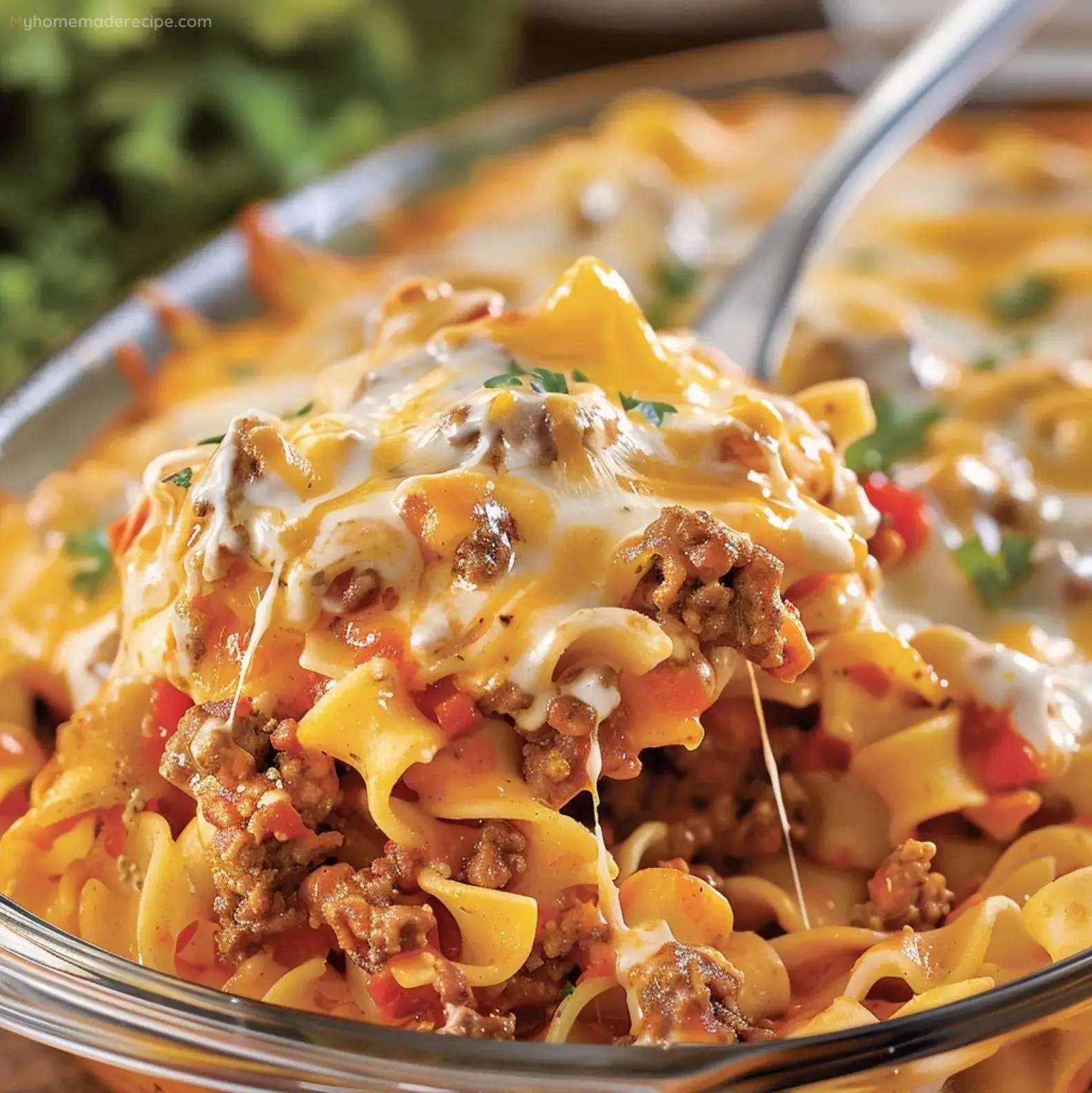 Sour Cream Noodle Bake in a baking dish