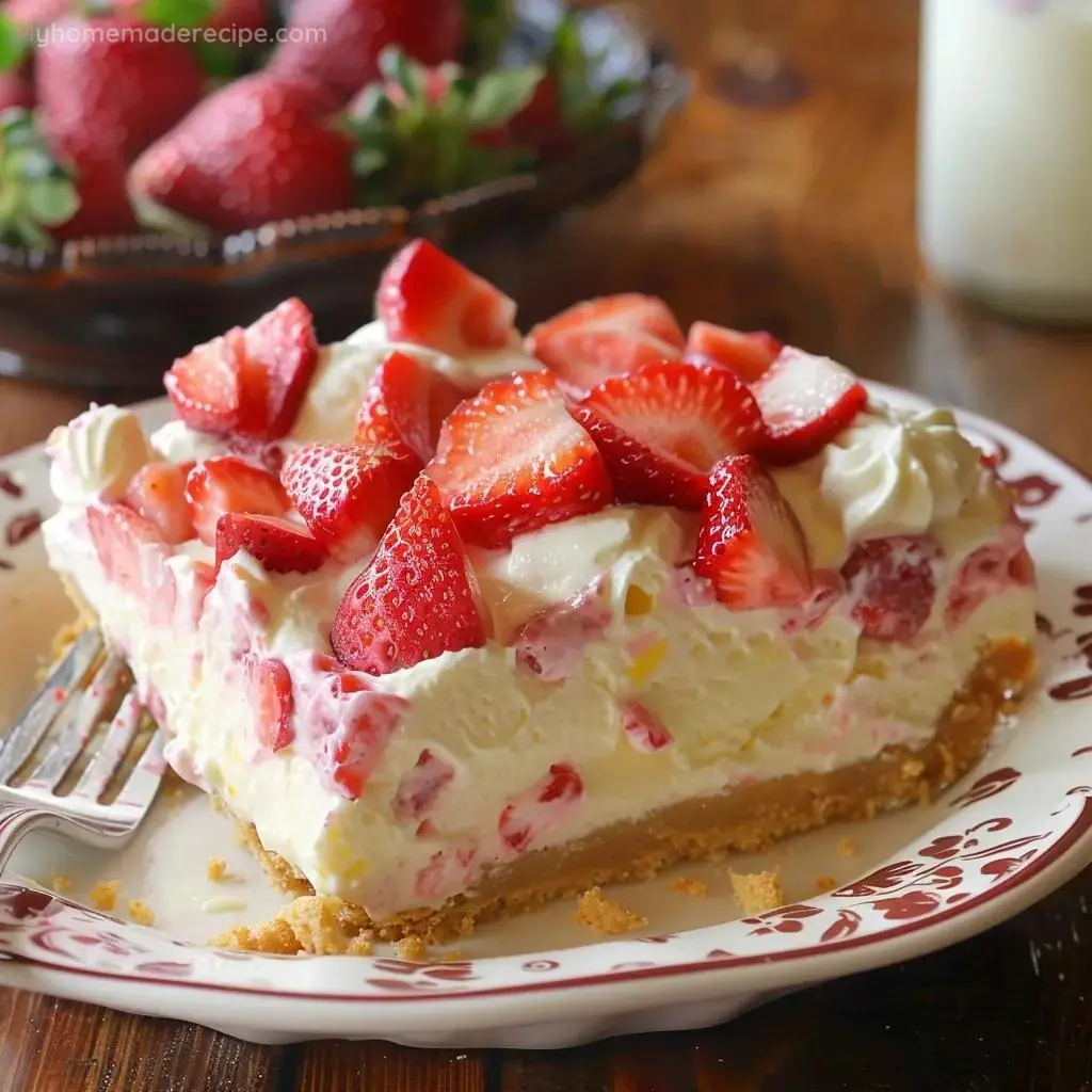 Strawberry Cheesecake Lush served in a baking dish with fresh strawberries on top