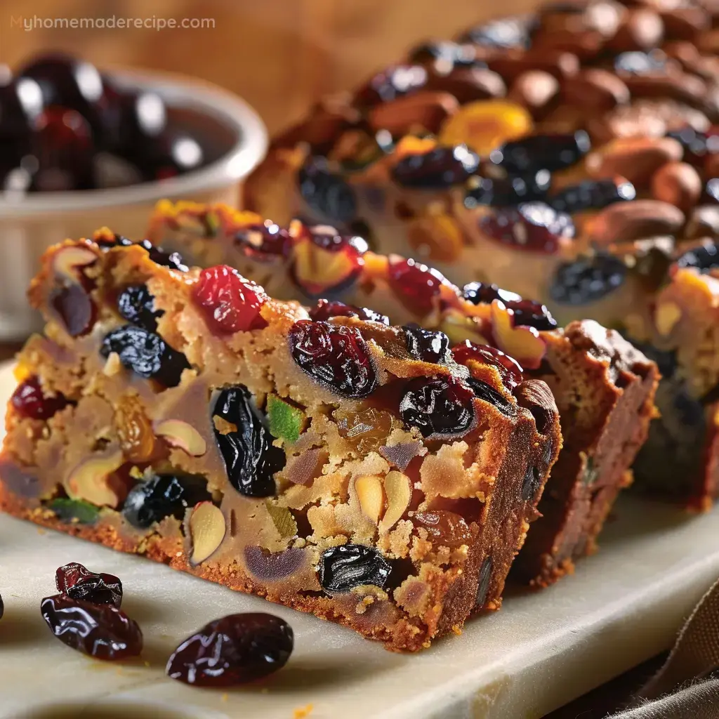 A slice of rich, moist fruitcake studded with dried fruits and nuts