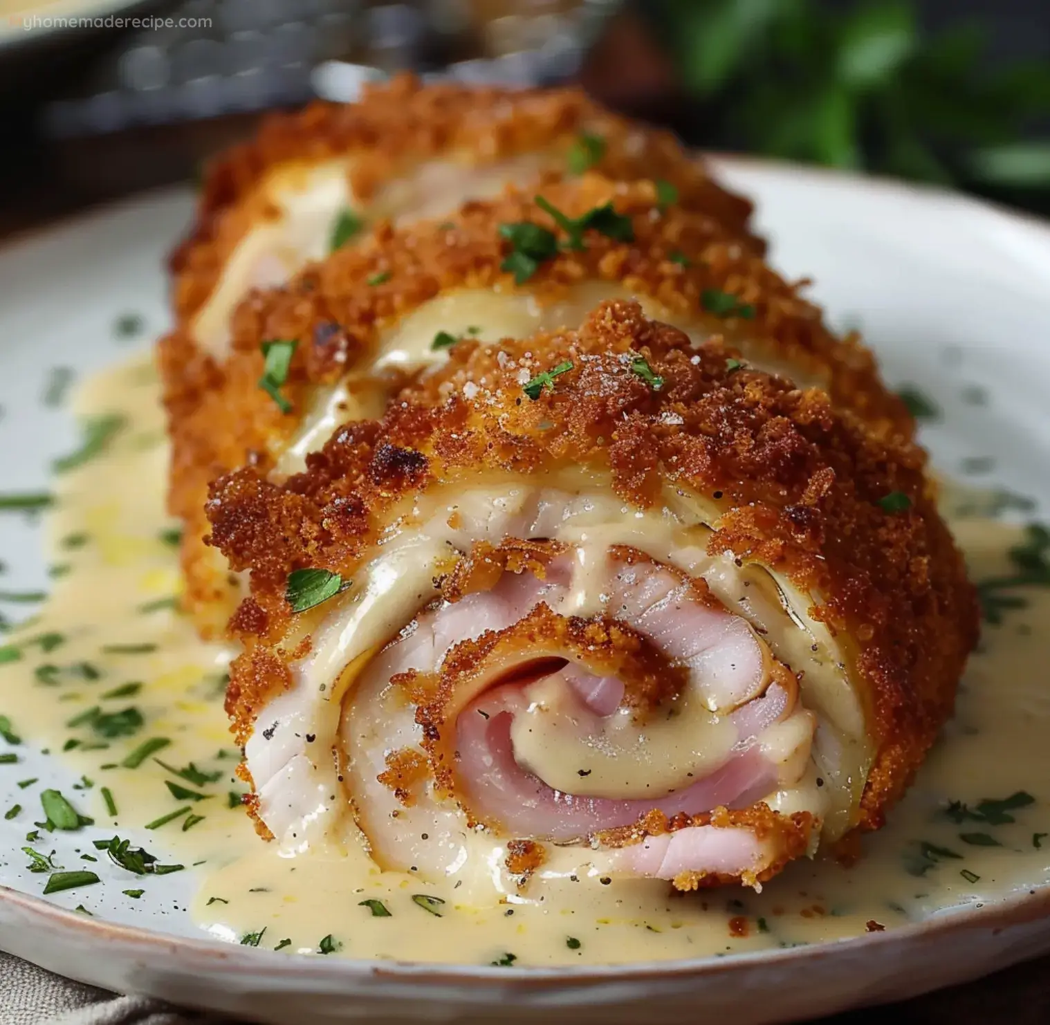 Delicious Chicken Cordon Bleu served with creamy Dijon sauce