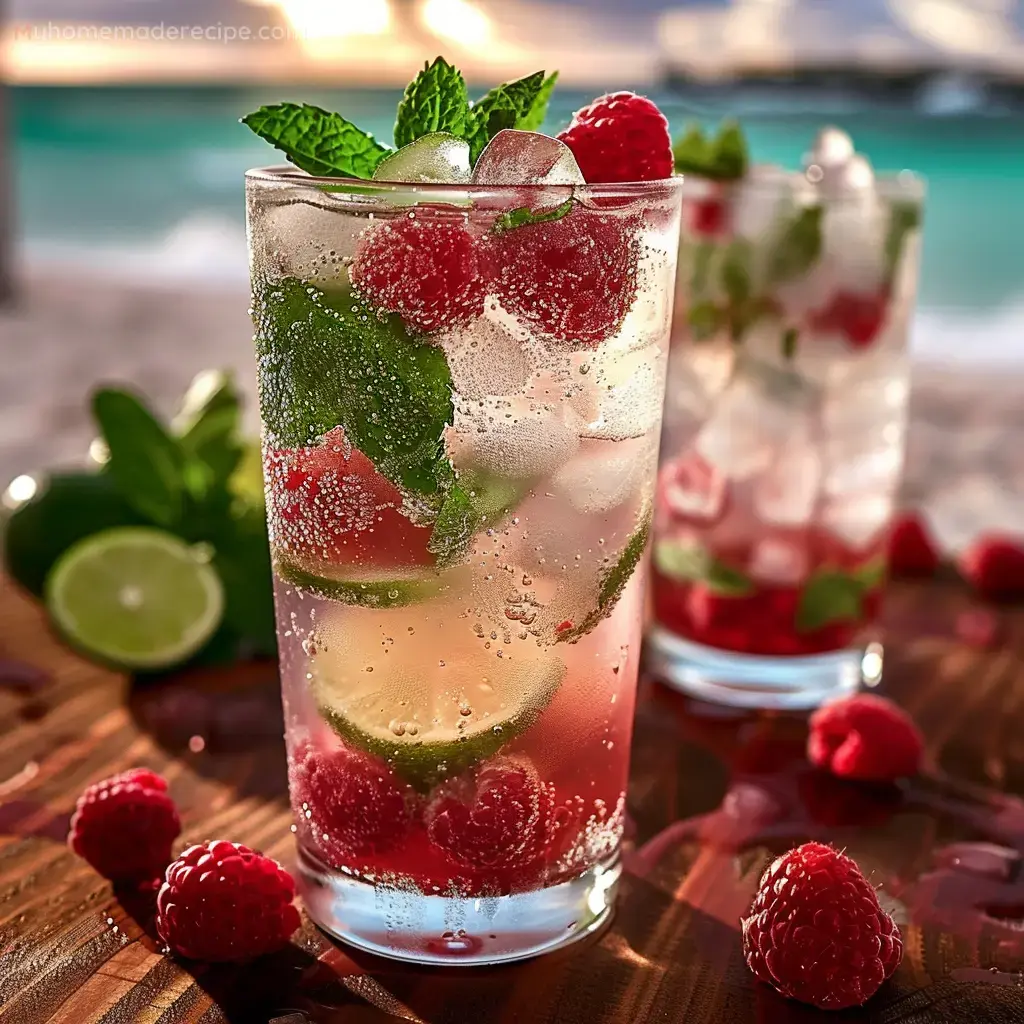 Tito's Raspberry Coconut Mojito garnished with fresh raspberries and mint sprigs