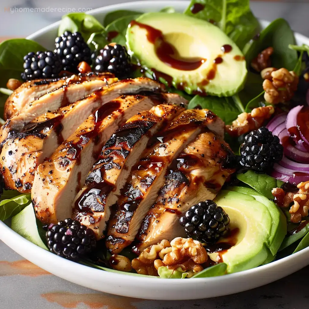 A vibrant Blackberry Balsamic Grilled Chicken Salad with fried goat cheese and a homemade vinaigrette