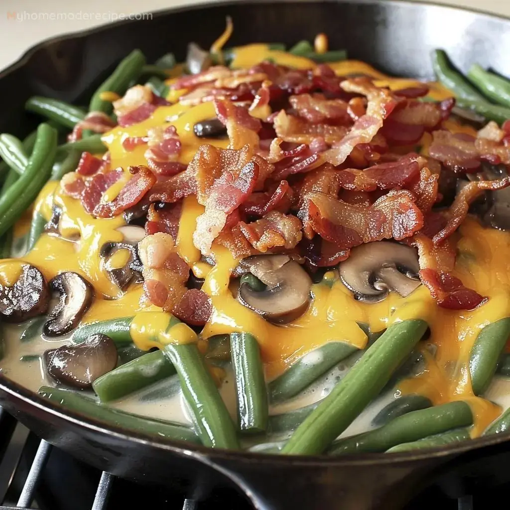 Cheesy Green Bean Casserole in a skillet