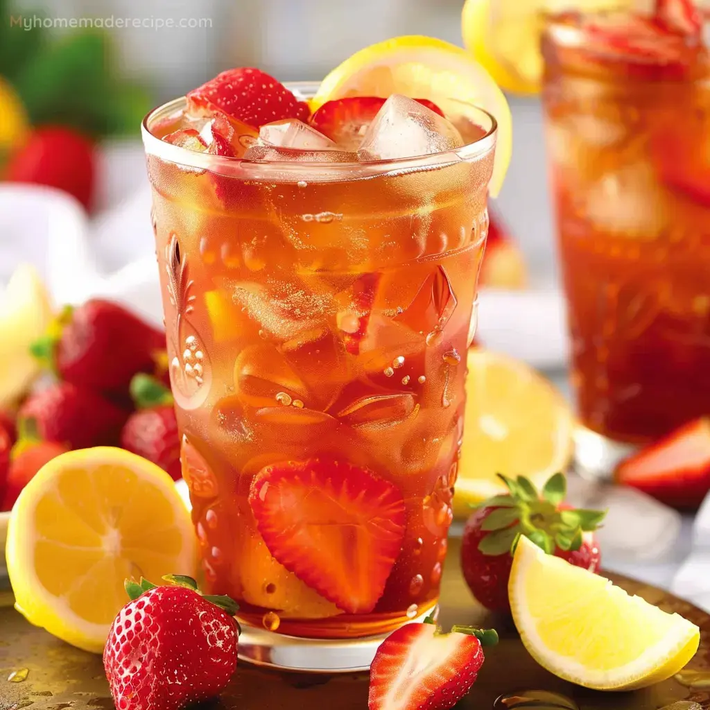 A glass of refreshing strawberry iced tea garnished with fresh strawberries and mint