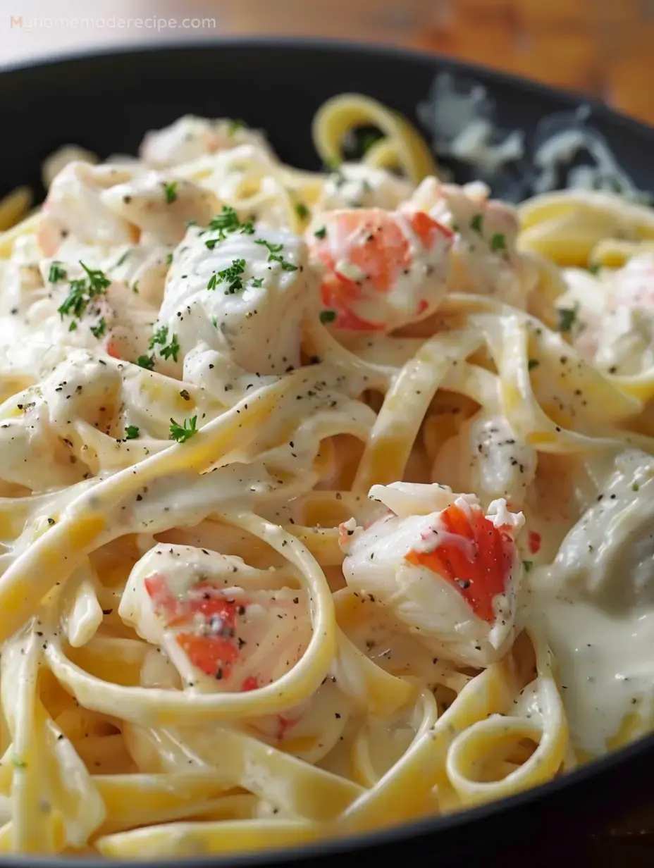 Creamy Crab Fettuccine Alfredo garnished with parsley