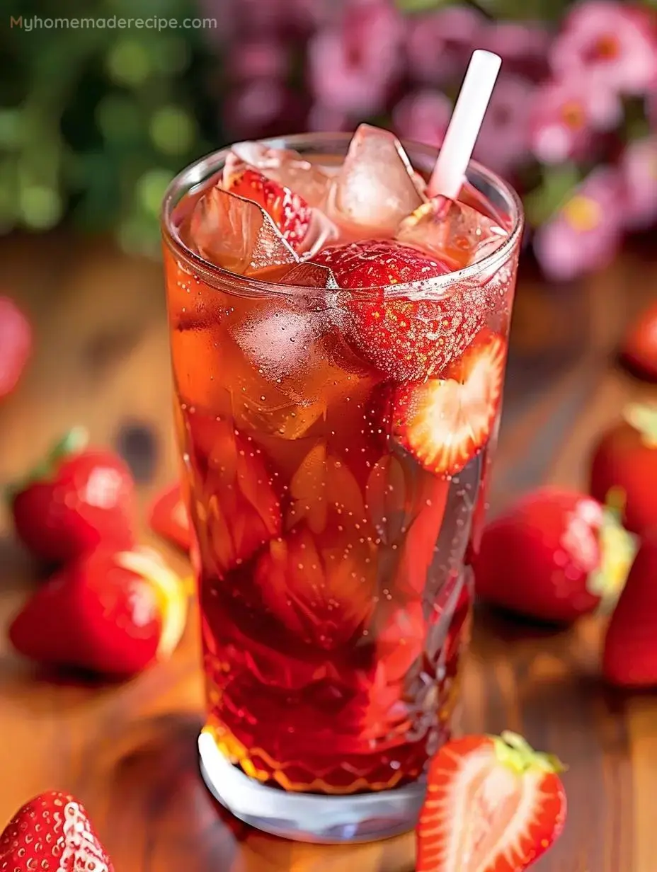 Glass of refreshing strawberry tea with fresh strawberries and ice