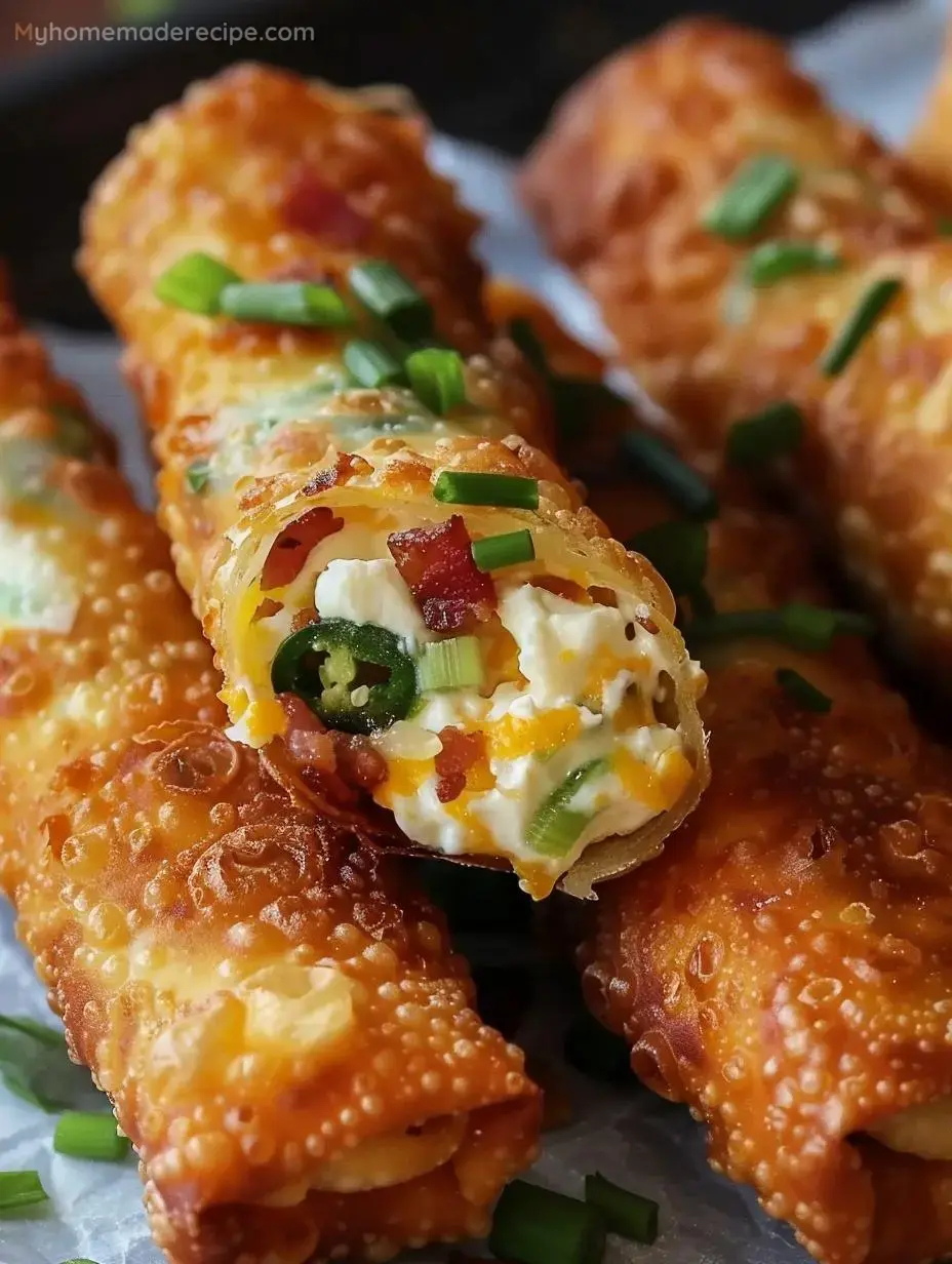 Golden and crispy Bacon Jalapeño Popper Eggrolls served with dipping sauce