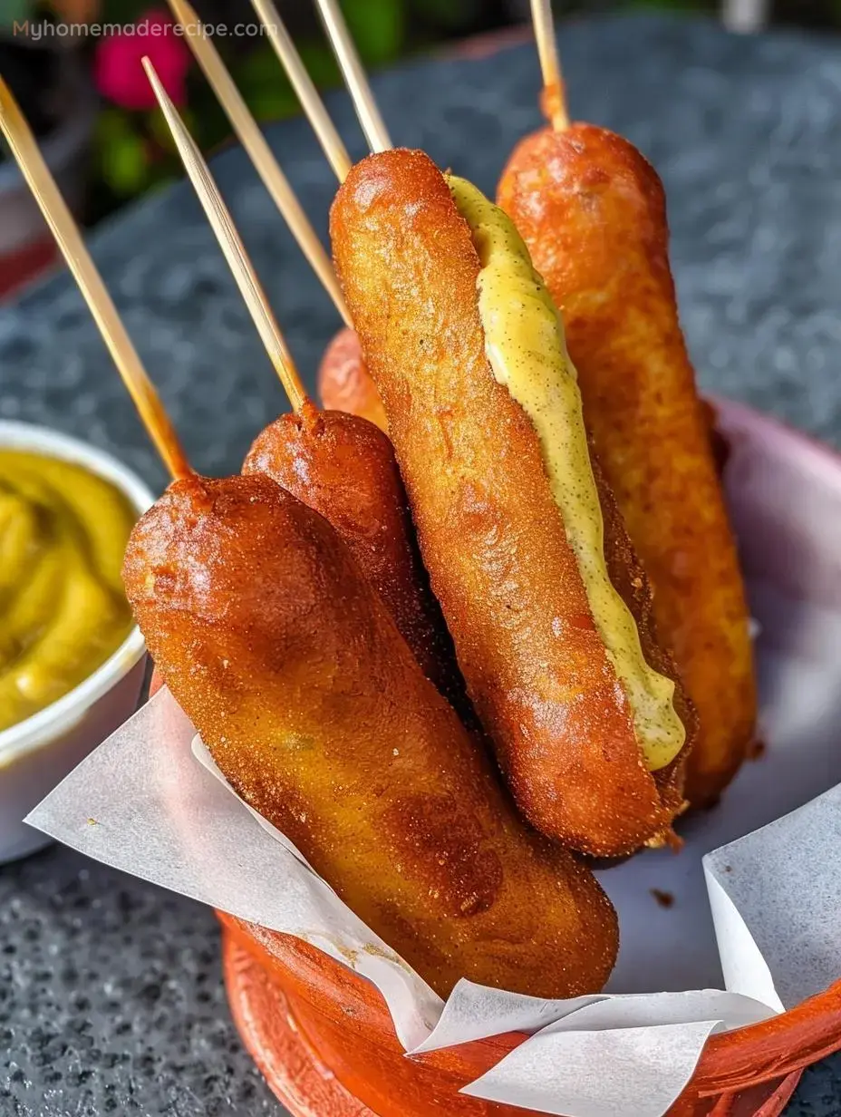 Golden homemade corn dogs with dipping sauce