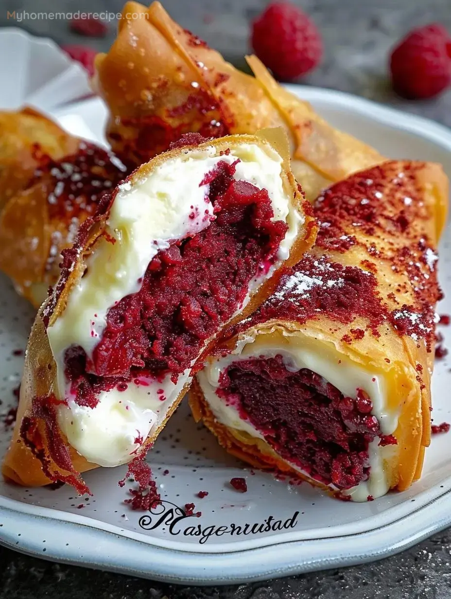 Red Velvet Cheesecake Egg Rolls drizzled with glaze