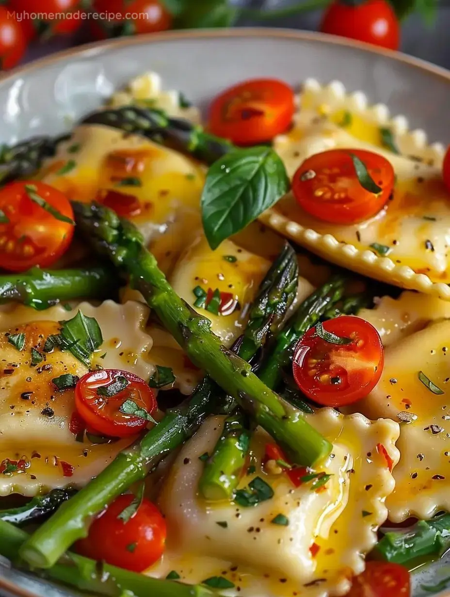 Ravioli with tomatoes, asparagus, garlic, and herbs