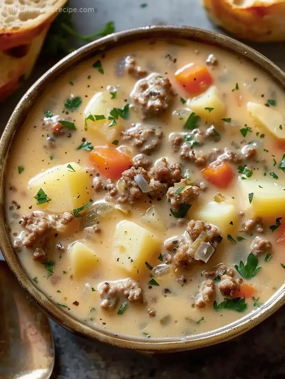 Bowl of creamy hamburger potato soup garnished with fresh herbs