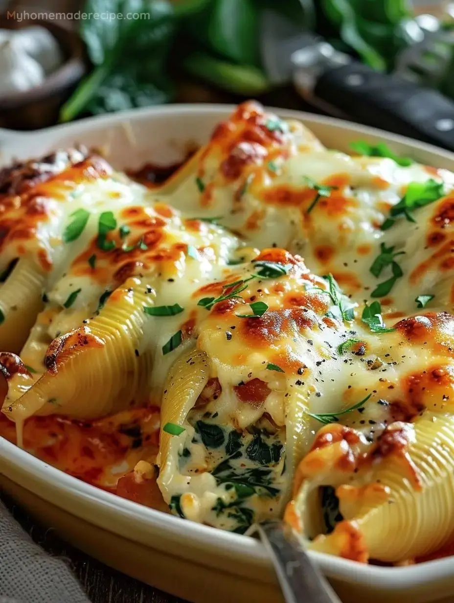 Cheesy Spinach Stuffed Shells fresh out of the oven