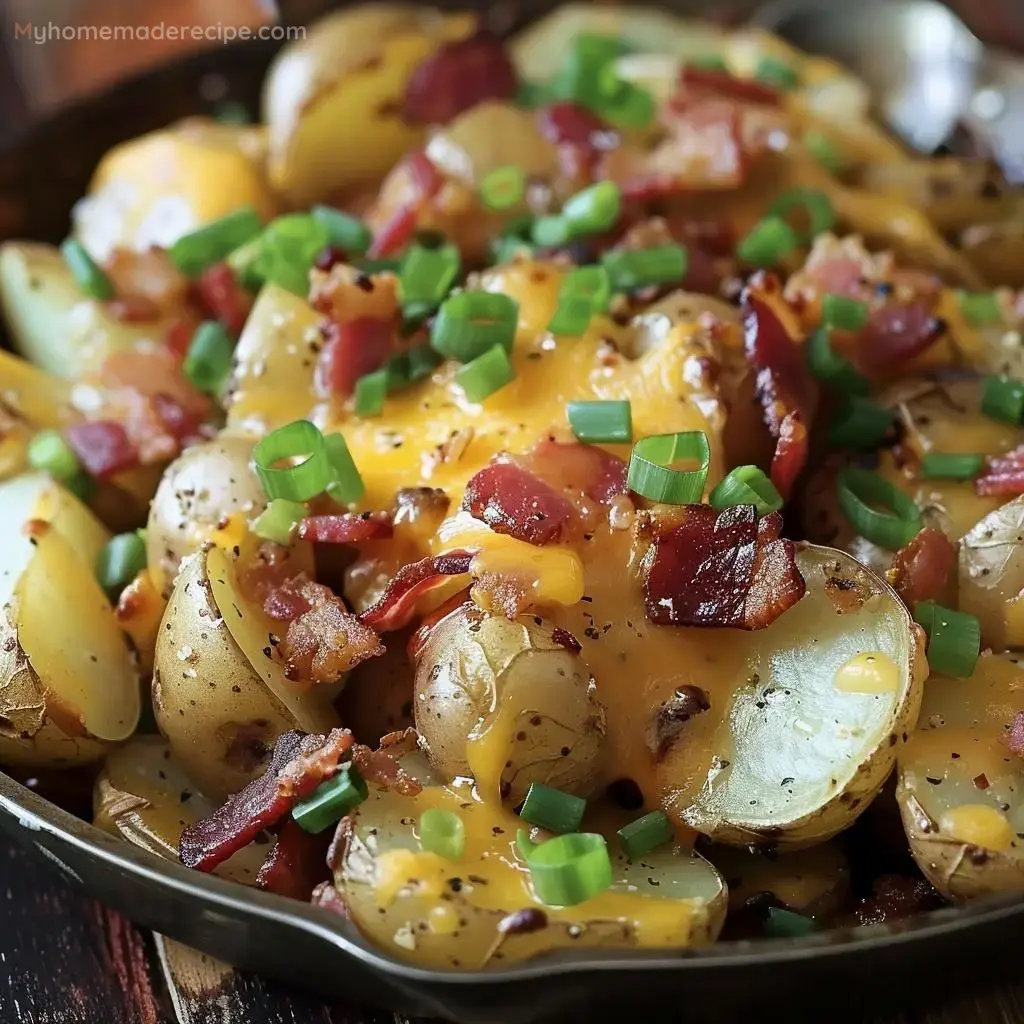 A delicious plate of Mississippi Mud Potatoes topped with melted cheddar, crispy bacon, and green onions.