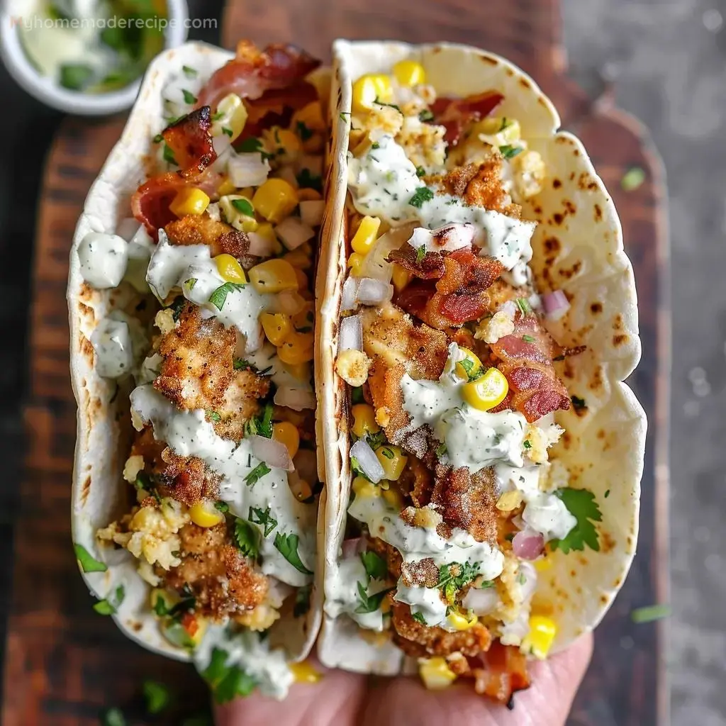 Delicious Fried Chicken Street Corn Tacos with Bacon and Jalapeno Lime Ranch