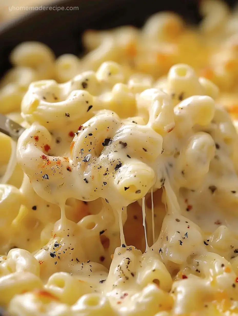 A bowl of Pepper Jack Stovetop Macaroni & Cheese, garnished with red pepper flakes and shredded cheese