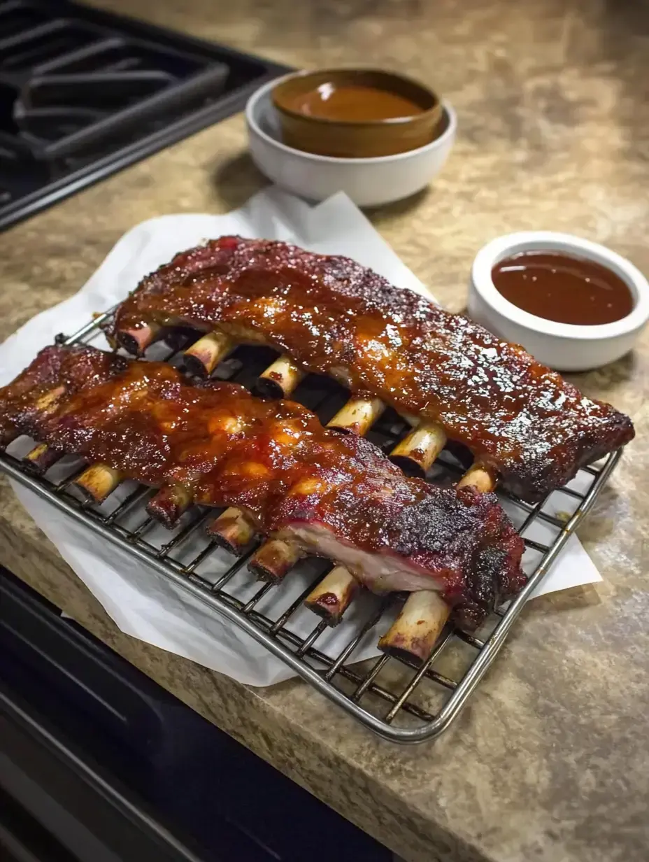 Two glazed ribs are arranged on a wire rack, accompanied by small bowls of barbecue sauce on a countertop.