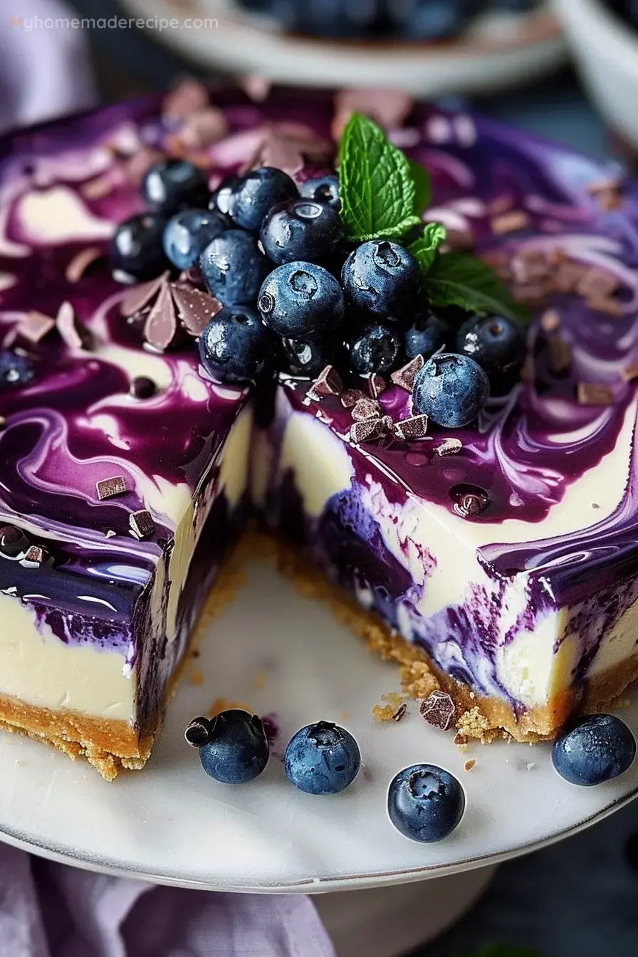 A slice of creamy blueberry cheesecake topped with fresh blueberries and a drizzle of purple sauce is displayed on a white plate.