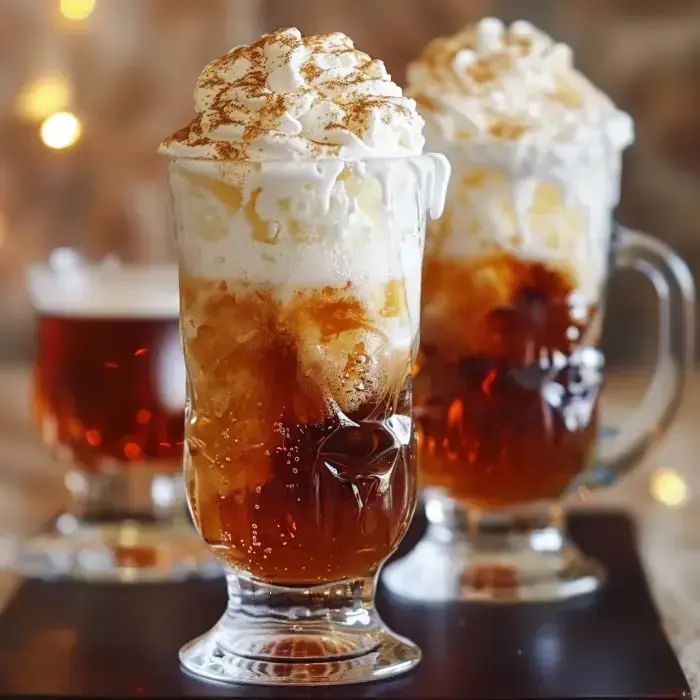 Two tall glasses filled with iced coffee topped with whipped cream and a sprinkle of cinnamon, with a smaller glass of a dark beverage in the background.