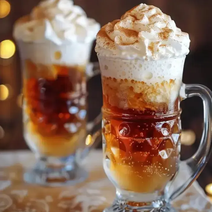 Two glasses filled with a layered drink featuring coffee, cream, and whipped topping, decorated with a sprinkle of cinnamon.