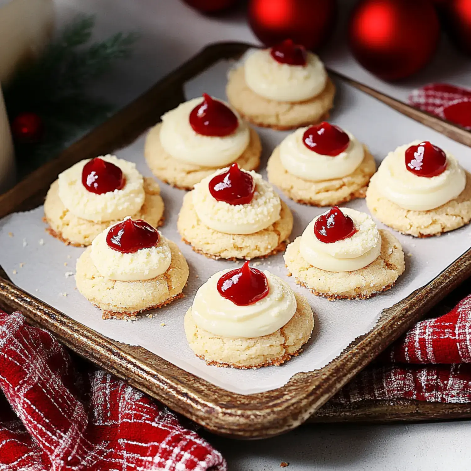 A tray of decorative cookies topped with creamy frosting and a red jelly, set against a festive background.