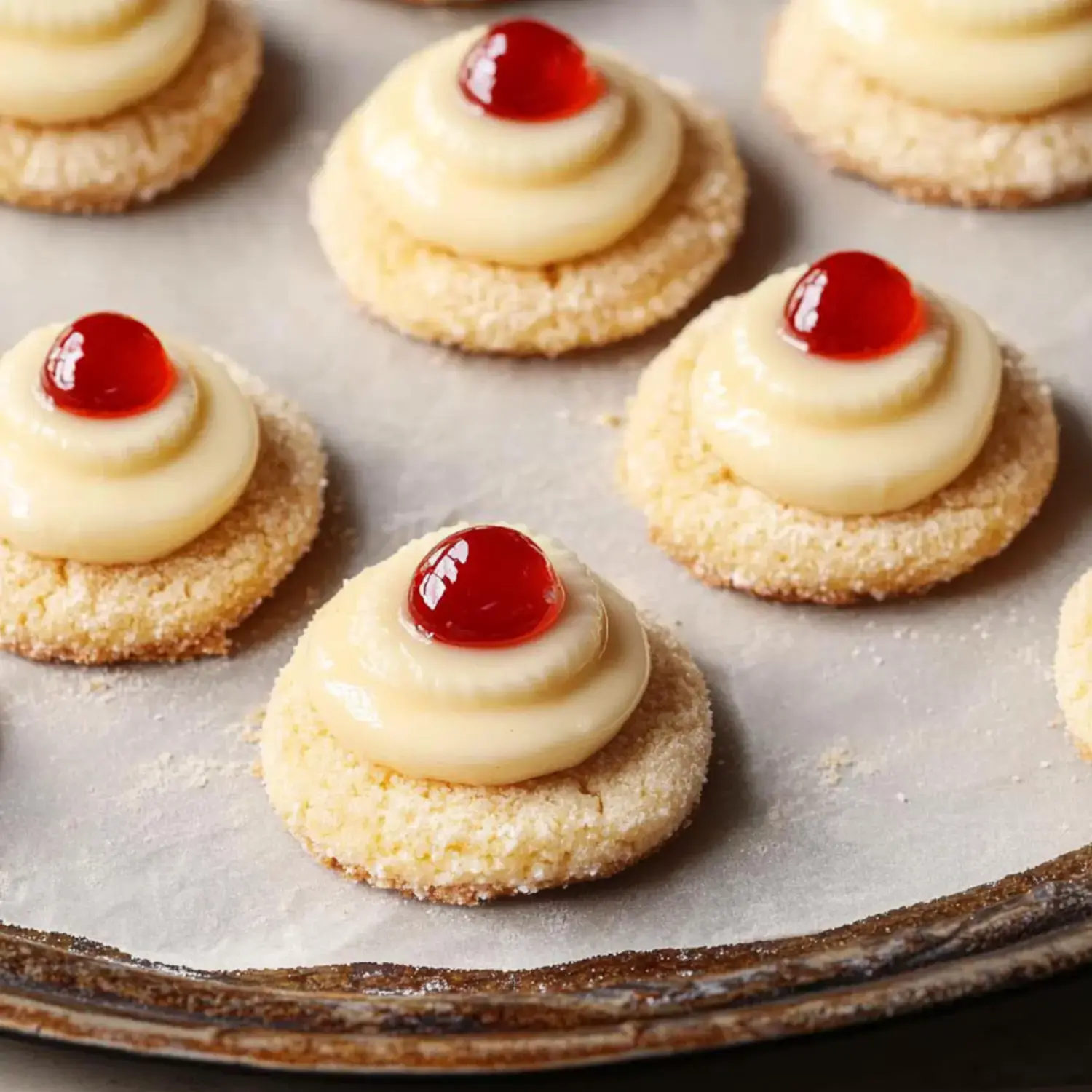 A close-up of several cookie rounds topped with a swirl of cream and a red cherry on each.