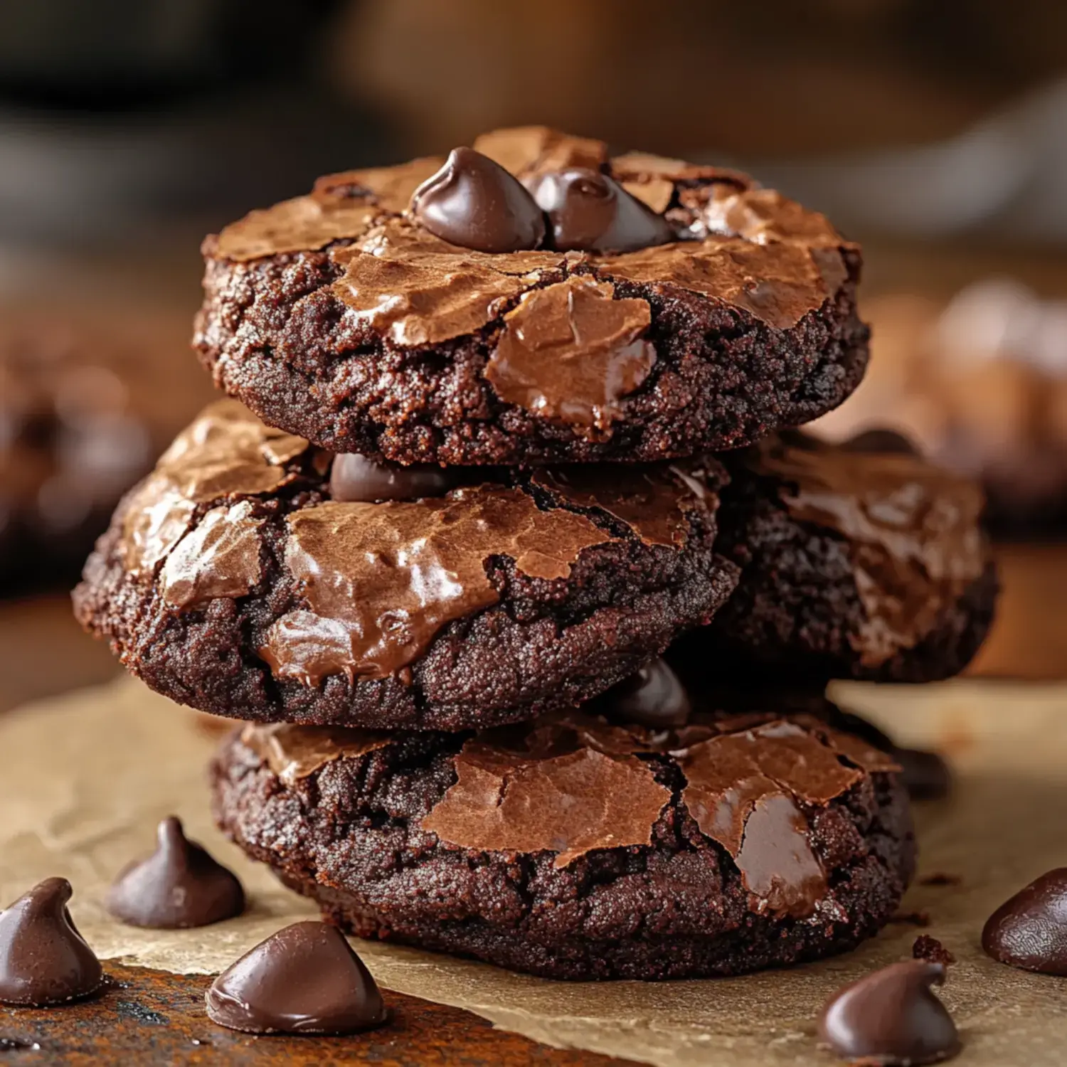 A stack of freshly baked chocolate cookies topped with chocolate chips sits on a piece of parchment paper.