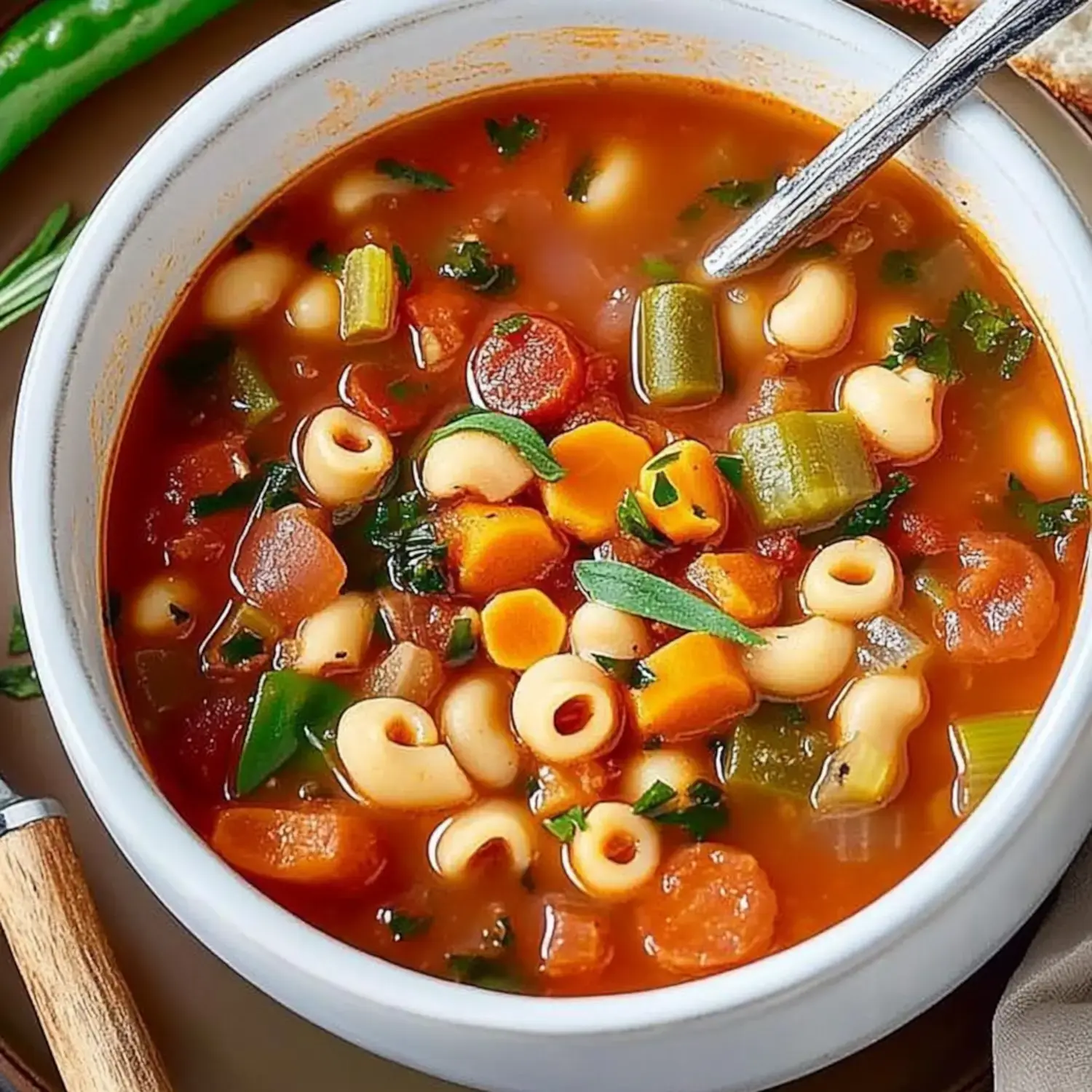 A bowl of hearty vegetable soup with pasta, featuring colorful ingredients like carrots, tomatoes, and greens.