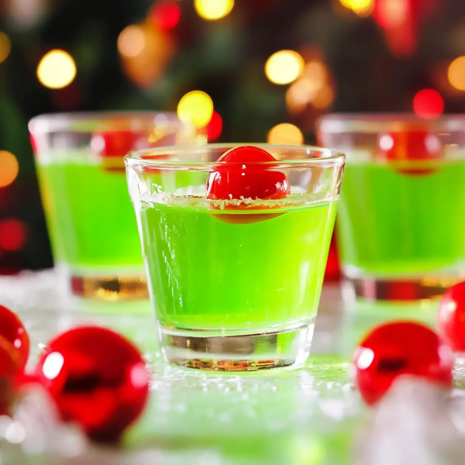 Three glasses of bright green cocktails, each garnished with a red cherry, are displayed on a festive surface with colorful bokeh lights in the background.