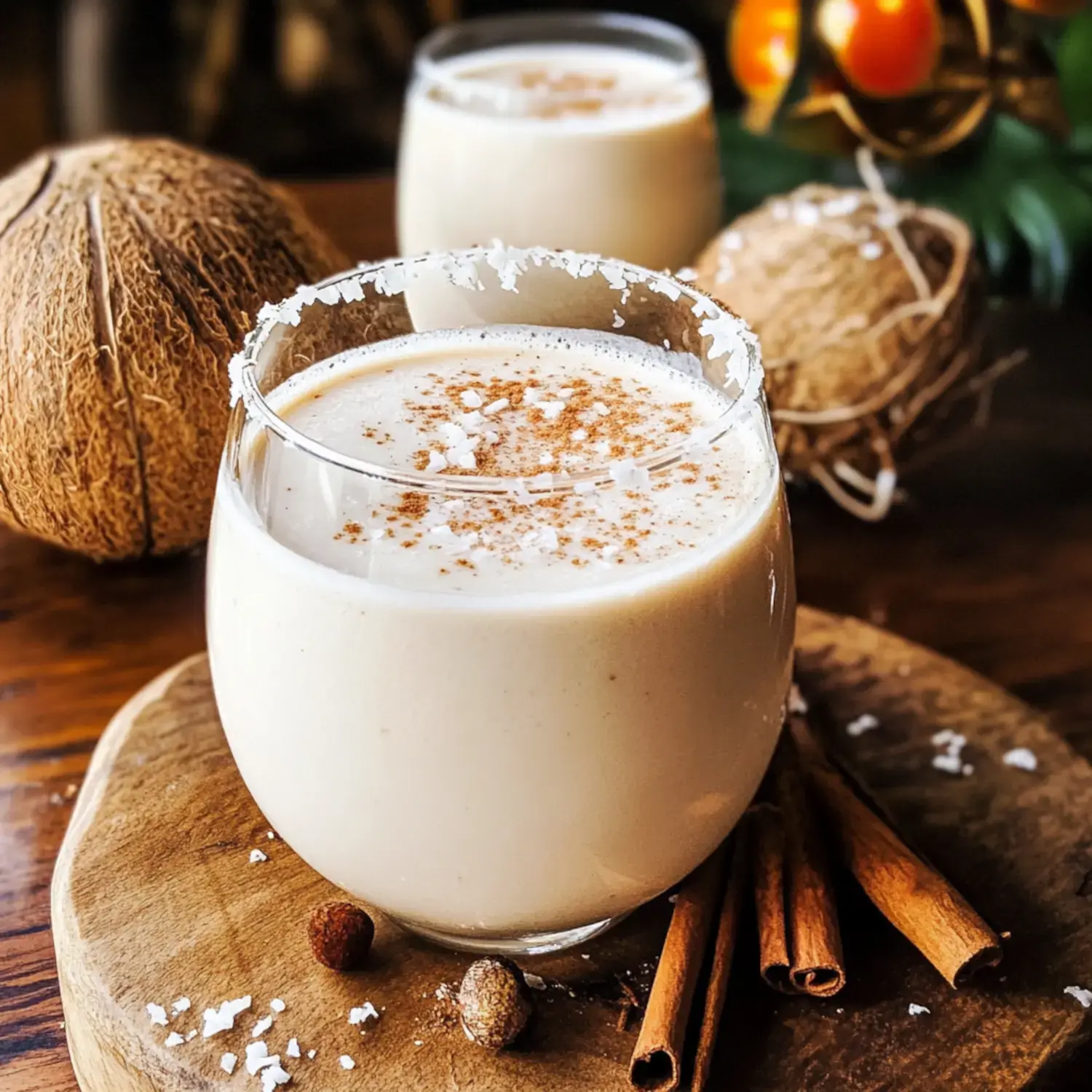 Two glasses of creamy, spiced beverage are placed on a wooden board, surrounded by cinnamon sticks and decorative ornaments.