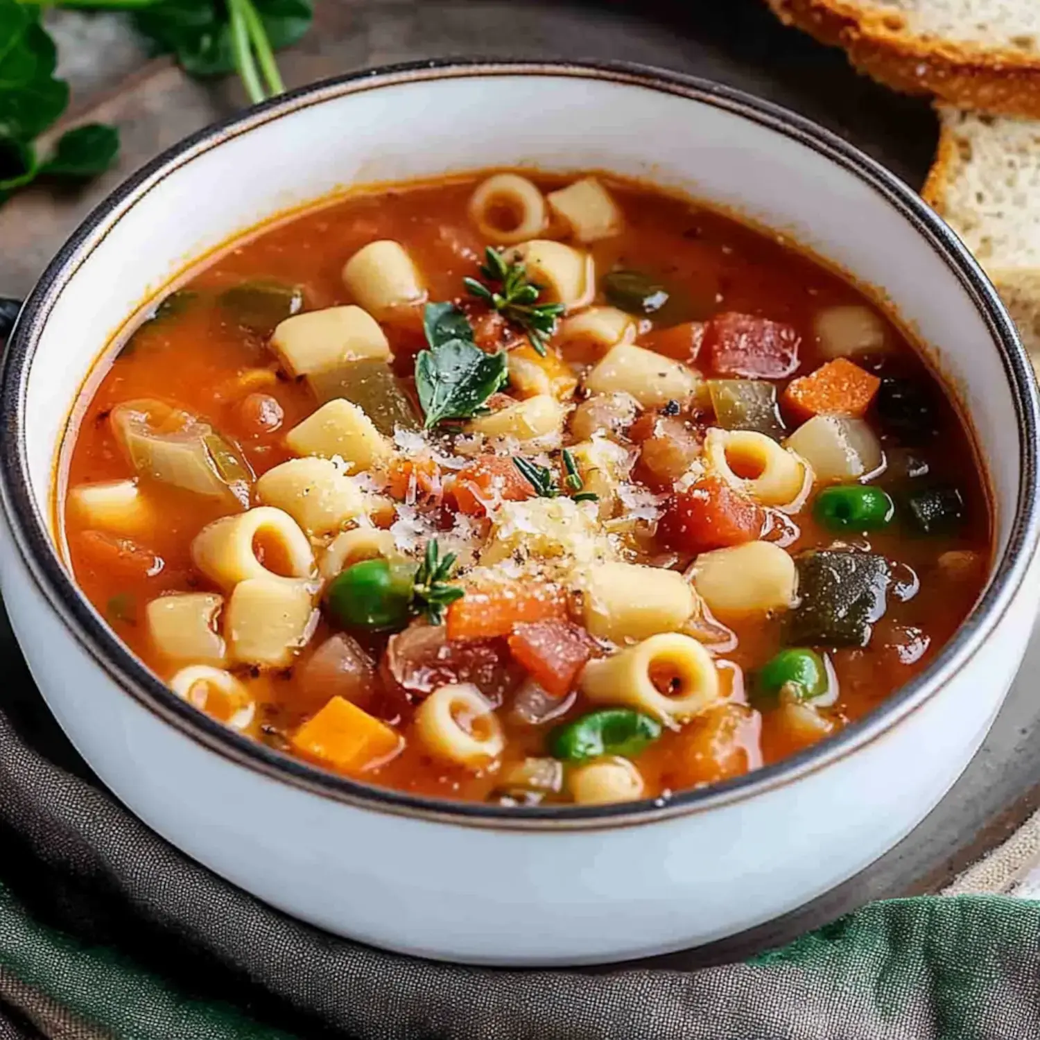 A bowl of hearty vegetable soup with small pasta, garnished with herbs and cheese, accompanied by slices of bread.