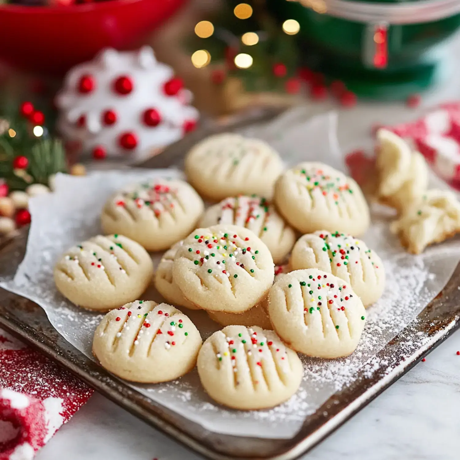 A tray of festive, decorated cookies with red and green sprinkles on a marble surface, surrounded by holiday decorations.