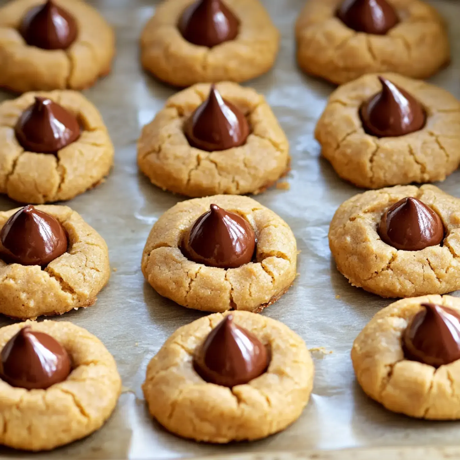 A tray of freshly baked cookies with a chocolate kiss melted in the center of each peanut butter cookie.