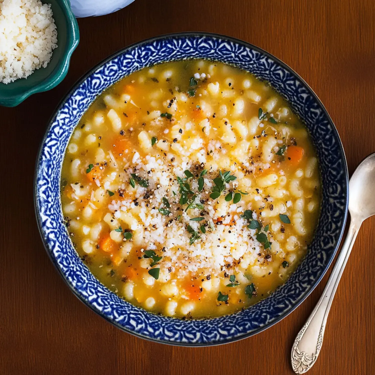 A bowl of soup with pasta, carrots, and herbs, topped with cheese and black pepper, placed on a wooden surface beside a small dish of cheese.