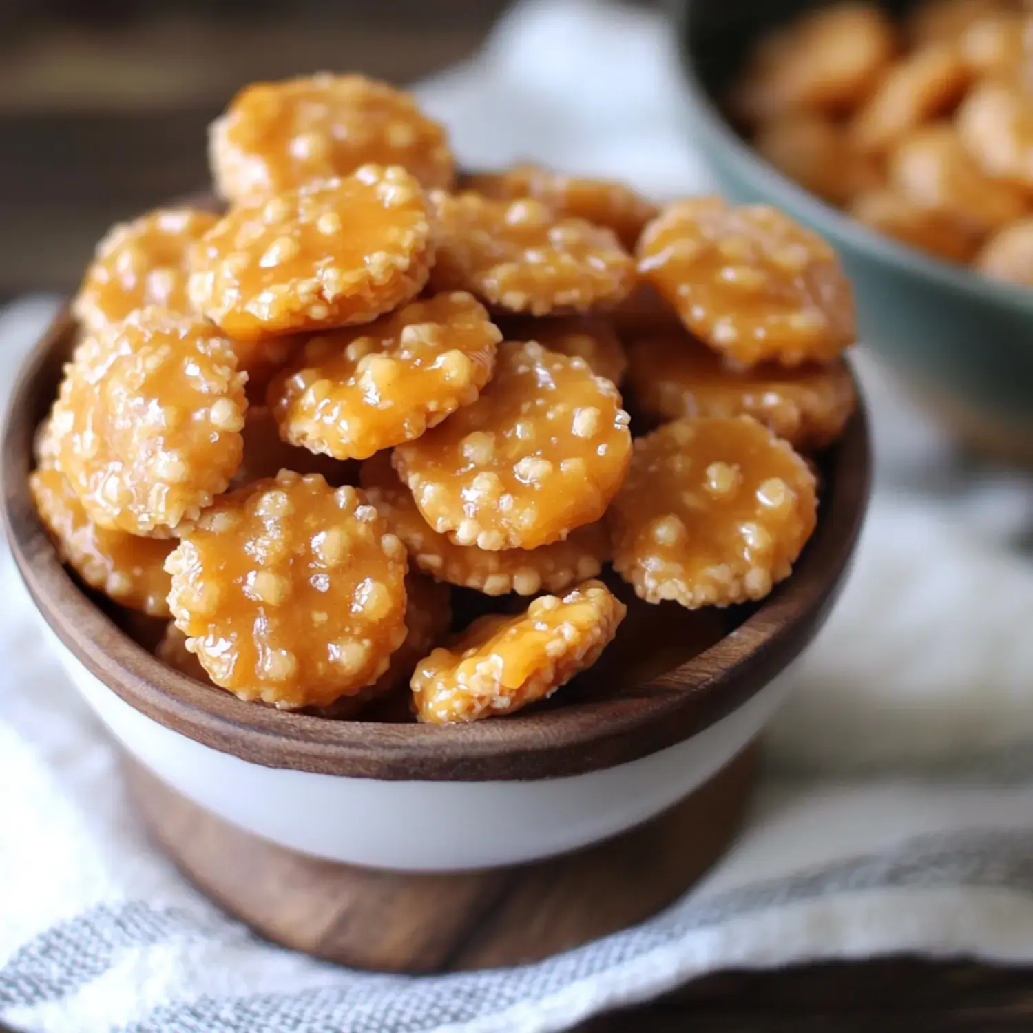 A bowl filled with caramel-coated crackers is displayed, with some scattered around it on a cloth.