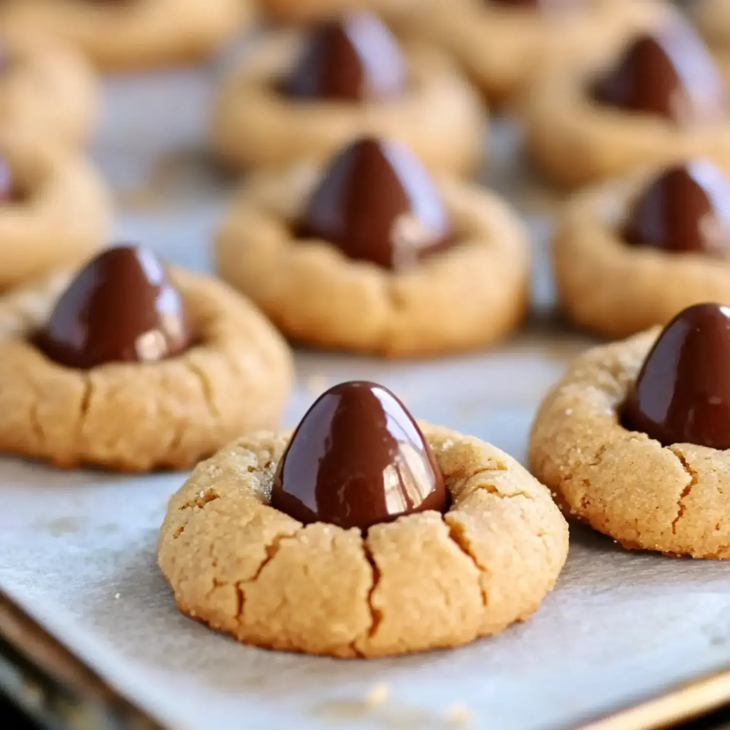 A close-up image of peanut butter cookies with a chocolate kiss sitting in the center, arranged neatly on a baking sheet.