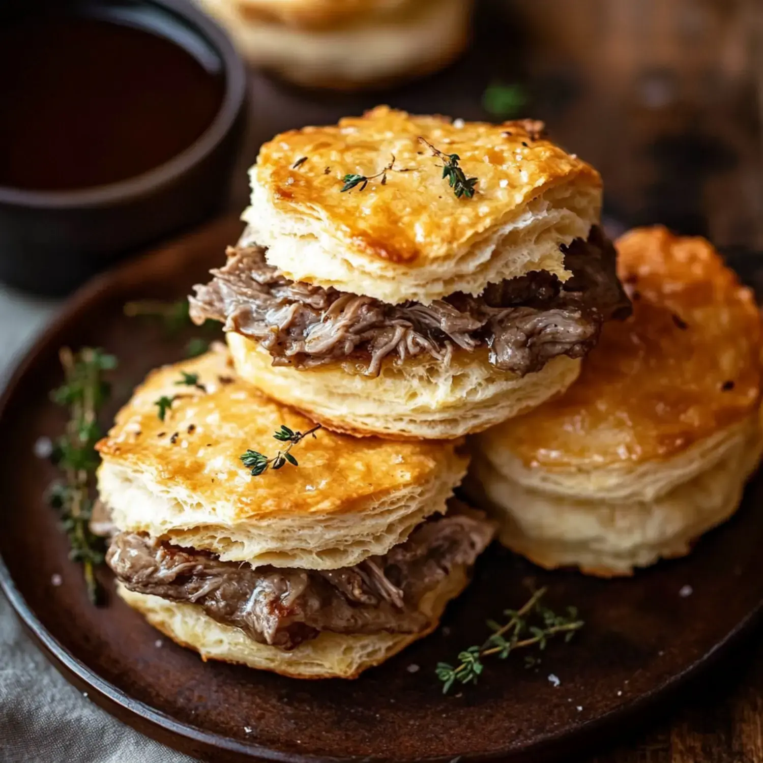 A plate of flaky biscuits stacked with shredded beef, garnished with thyme.