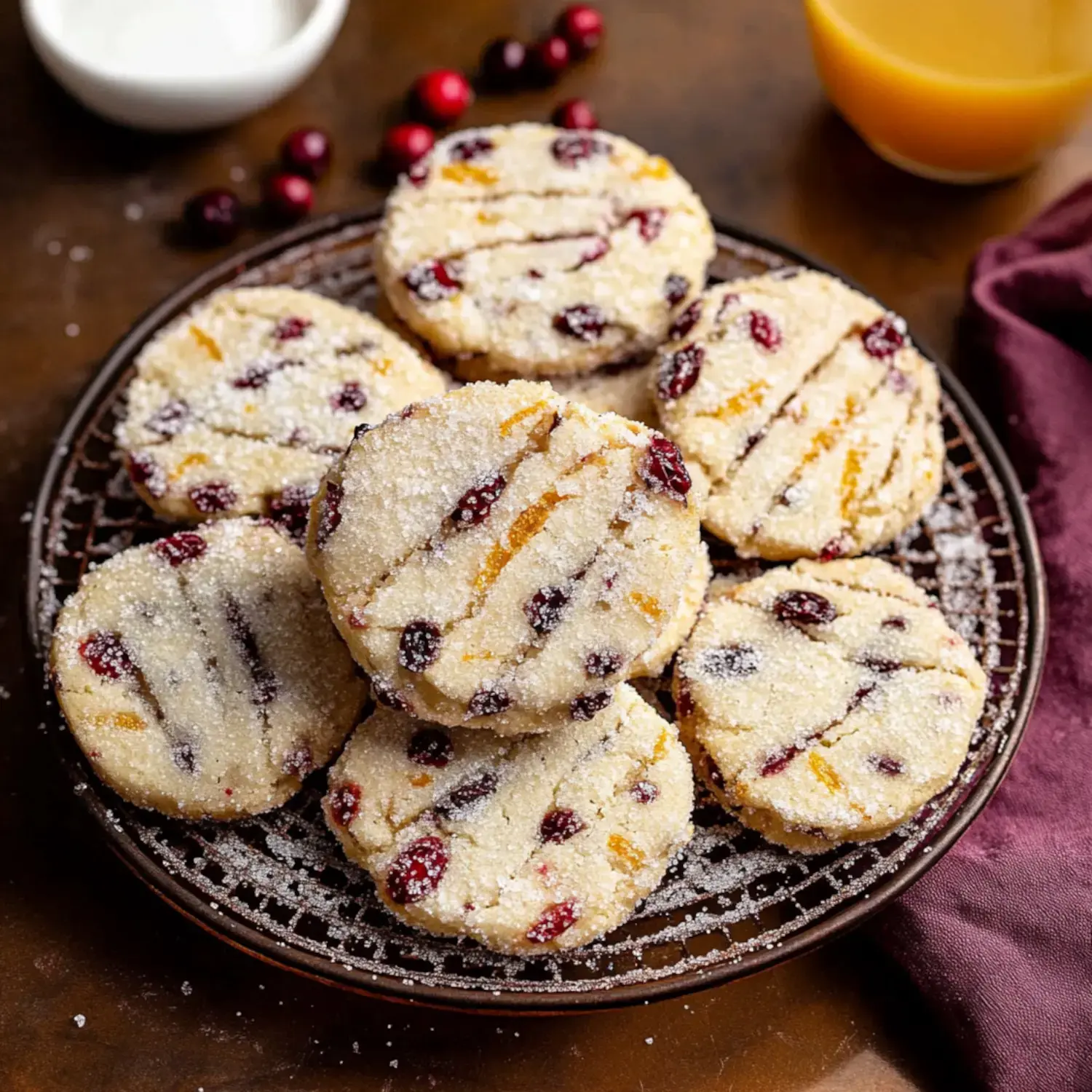 A plate of round sugar-coated cookies featuring cranberries and orange zest, with a glass of liquid and some cranberries in the background.